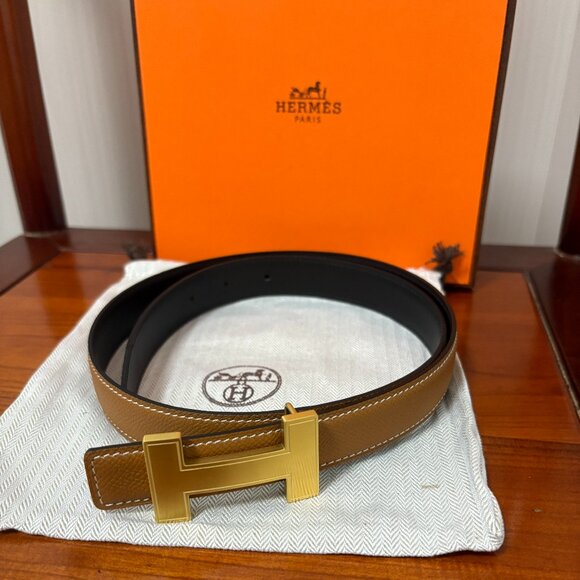 Hermes Tan and Gold Leather Belt - Picture 1 of 7